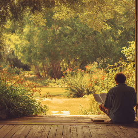Un hombre leyendo sentado en el suelo frente a jardín